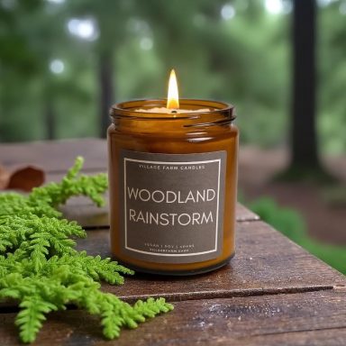 Woodland Rainstorm a scent of warm cedarwood, amber, and fresh water, deepened by earthy notes of moss and patchouli for a sense of peace